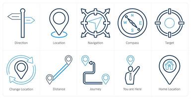 A set of 10 location icons as direction, location, navigation vector