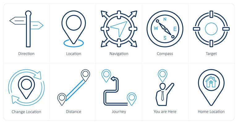 A set of 10 location icons as direction, location, navigation