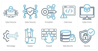 A set of 10 cyber security icons as cyber security, encryption, code issue vector