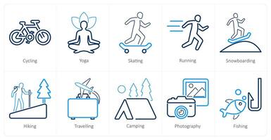 A set of 10 hobby icons as cycling, yoga, skating vector