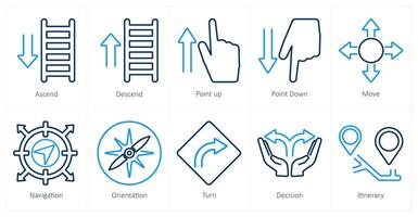 un conjunto de 10 dirección íconos como ascender, descender, punto arriba vector