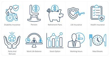 A set of 10 employee benefits icons as disability insurance, pension, retirement plans vector