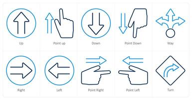 A set of 10 direction icons as up, point up, down vector