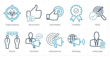 A set of 10 influencer icons as target audience, recommend, social media vector