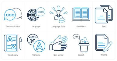 A set of 10 language icons as communication, language, language skills vector