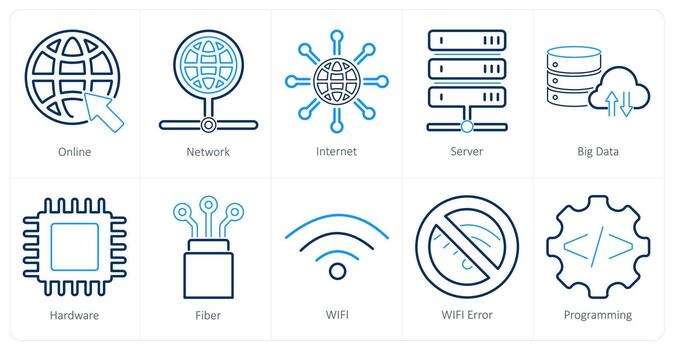 A set of 10 internet computer icons as online, network, internet vector