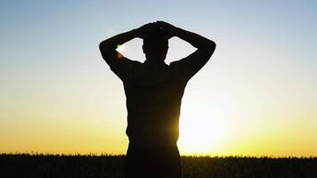 silhouet van een boer staand in een veld- met armen verheven video