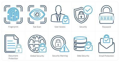 A set of 10 cyber security icons as fingerprint, eye scan, user access vector
