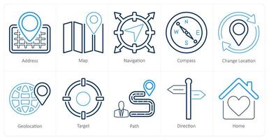 A set of 10 location icons as address, map, navigation vector