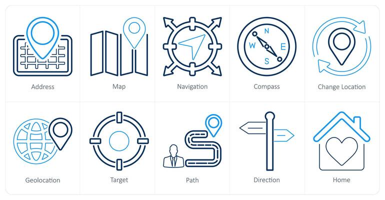 A set of 10 location icons as address, map, navigation
