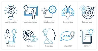 A set of 10 idea icons as idea generation, idea presentation, idea execution vector