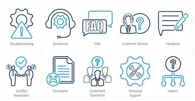 A set of 10 customer service icons as troubleshooting, assistance, faq vector