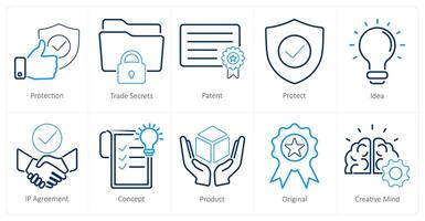 A set of 10 intellectual property icons as protection, trade secrets, patent vector