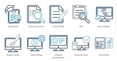 A set of 10 hard skills icons as certificates, search document, copy writing vector