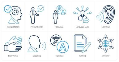 A set of 10 language icons as interpretation, pronounciation, bilingual vector