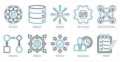 un conjunto de 10 datos analítica íconos como estructura, base de datos, grande datos vector