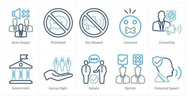 A set of 10 freedom of speech icons as mute people, prohibited, not allowed vector