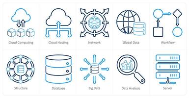 un conjunto de 10 datos analítica íconos como nube informática, nube alojamiento, red vector