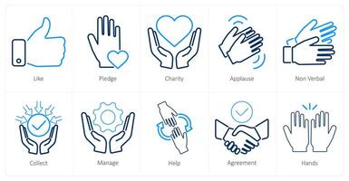 A set of 10 hands icons as like, pledge, charity vector