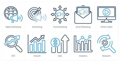 A set of 10 digital marketing icons as digital marketing, advertising, viral marketing vector