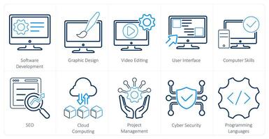 un conjunto de 10 difícil habilidades íconos como software desarrollo, gráfico diseño, seo vector