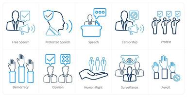 A set of 10 freedom of speech icons as free speech, protected speech, speech vector