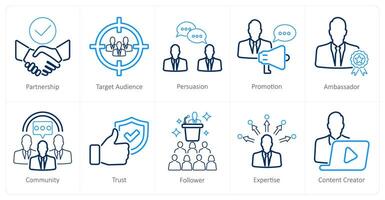 A set of 10 influencer icons as partnership, target audience, persuasion vector