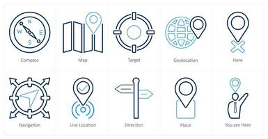 A set of 10 location icons as compass, map, target vector