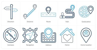 A set of 10 location icons as direction, distance, route vector