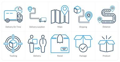 A set of 10 delivery icons as delivery on time, delivery location, maps vector