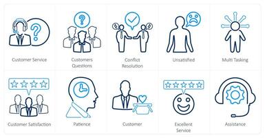 A set of 10 customer service icons as customer service, customer questions, conflict resolutions vector