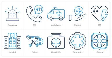 A set of 10 emergency icons as emergency, 911, ambulance vector