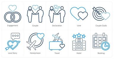 A set of 10 honeymoon icons as engagement, couple, declaration vector