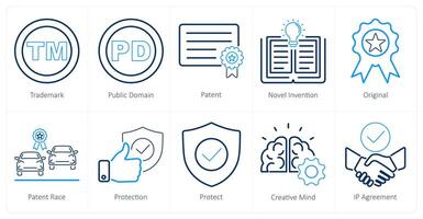 A set of 10 intellectual property icons as trademark, public domain, patent vector