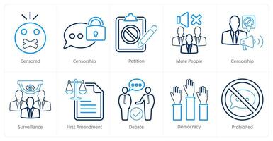 A set of 10 freedom of speech icons as censored, censorship, petition vector