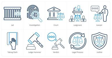 A set of 10 justice icons as jail, investigation, court vector