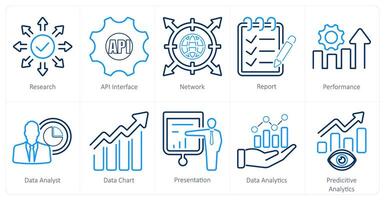 A set of 10 data analytics icons as research, api interface, network vector