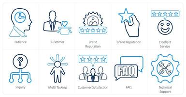 A set of 10 customer service icons as patience, customer, brand reputation vector