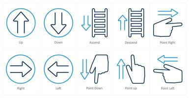 A set of 10 direction icons as up, down, ascend vector