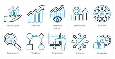 A set of 10 data analytics icons as data analytics, data chart, predictive analytics vector