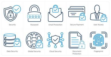 A set of 10 cyber security icons as security, password, email protection, secure payment vector