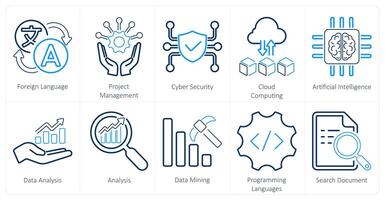 A set of 10 hard skills icons as foreign language, project management, cyber security vector