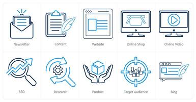 un conjunto de 10 digital márketing íconos como Boletin informativo, contenido, sitio web vector