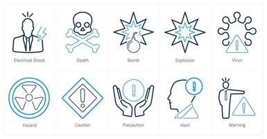 A set of 10 hazard danger icons as electrical shock, death, bomb vector