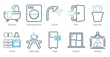 A set of 10 home interior icons as bathroom, washing machine, shower vector