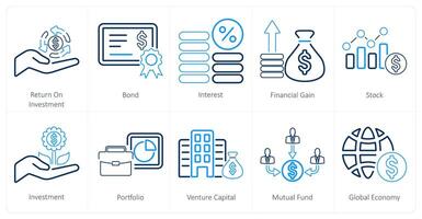 A set of 10 investment icons as return on investment, bond, interest vector