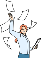 Woman office clerk throws documents up, rejoicing at introduction of digitalization and reduction of paperwork. Businesswoman celebrates being able to stop paperwork after hiring assistant png