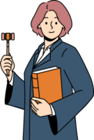 Woman judge with wooden claw and constitution in hands is ready to announce fair legal decision. Girl in judge robe smiles, rejoicing in building successful career in field of law. png