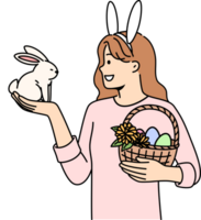 Teenage girl celebrating easter holds decorated eggs in basket and small rabbit, rejoicing at coming of spring. Schoolgirl is preparing for easter and bringing traditional gifts to friends from school png