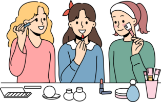 Little girls do makeup using lipstick and mascara or powder to prepare for school party. Schoolgirls want to be like mothers and put on makeup, getting ready to date boys from classmates. png